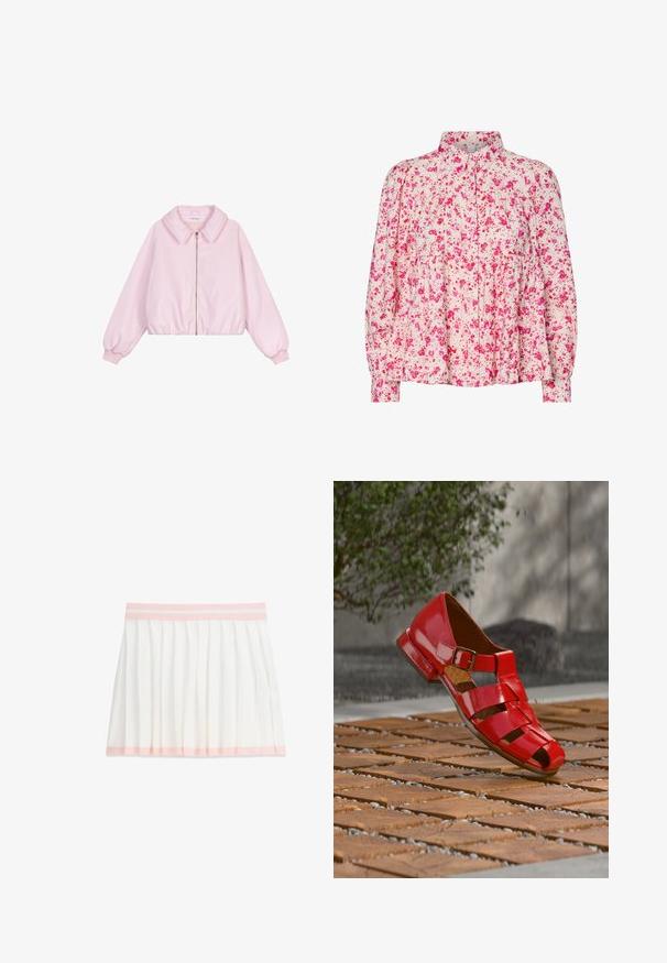 Lichtroze cropped jacket met een kraag en ritssluiting. Heeft elastische manchetten en zoom, een gladde satijnachtige textuur, en geen patronen.; Blouse met lange mouwen en bloemmotief met roze en rode verspreide bloemen, geplooide details en een klassieke kraag op een lichte achtergrond.; Witte geplooide rok met lichtroze tailleband en zoomdetail, kniehoogte, plat liggend op een witte achtergrond.; Rode lakleren sandaal met open teen, voorzien van meerdere bandjes en een zijspeld. Platte hak en een textuurszool.