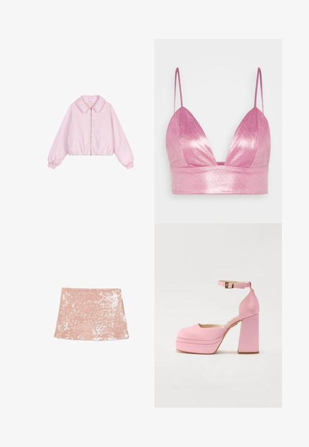 Svetloružová skrátená bunda s golierom a zipsovým uzáverom. Obsahuje elastické manžety a spodok, hladkú saténovú textúru a bez vzorov.; Gina Tricot BRALETTE - Top - pink; Ružová mini sukňa pokrytá lesklými flitrami, s rovnakým strihom a miernym rozšírením na okraji, položená na bielom pozadí.; Ružové platformové topánky na vysokom podpätku s okrúhlou špičkou, remienkom okolo členka a blokovým podpätkom. Hladký materiál s jemnou textúrou a zlatou sponou.