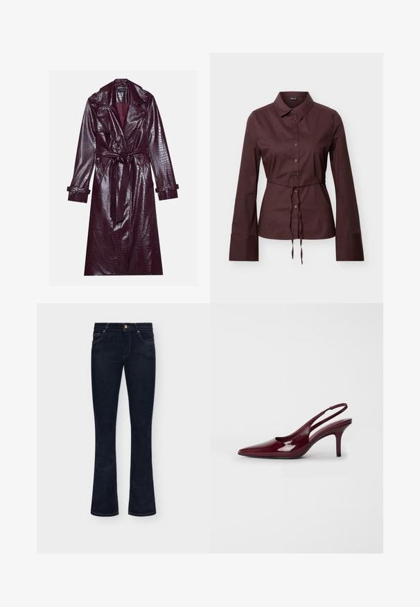 Even&Odd by Zalando Trenchcoat - bordeaux; Dunkelbraunes, langärmliges Hemd mit Knopfleiste, Kragen, Kordelzug in der Taille und weiten Manschetten, auf neutralem Hintergrund präsentiert.; Dunkelblaue Jeans aus Denim mit mittlerer Bundhöhe, Vorderknopf und leicht ausgestelltem Beinabschluss auf einfarbigem Hintergrund.; Burgunderfarbene Lackleder Slingback-Absätze mit spitzem Zehenbereich und schlankem Absatz, ausgestattet mit Ausschnitten an den Seiten und einem geschwungenen Rückendesign.
