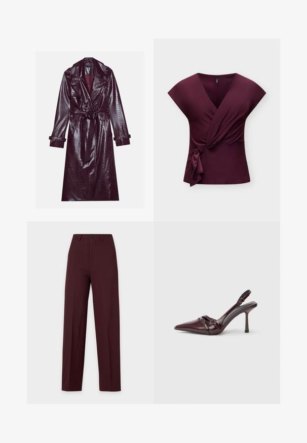 Even&Odd by Zalando Trenchcoat - bordeaux; Ärmelloses, tiefviolettes Wickeltop mit V-Ausschnitt und seitlichem Knotendetail, abgebildet vor hellem, schlichten Hintergrund.; Dunkelburgunderfarbene gerade geschnittene Hose mit Knopf- und Reißverschluss, Gürtelschlaufen und Bügelfalten, vor schlichtem Hintergrund präsentiert.; Bordeauxroter Slingback-Pumps aus Lackleder mit spitz zulaufender Vorderkappe, dünnem Knöchelriemen und kleiner dekorativer Schnalle. Glatte Textur und hoher Absatz.