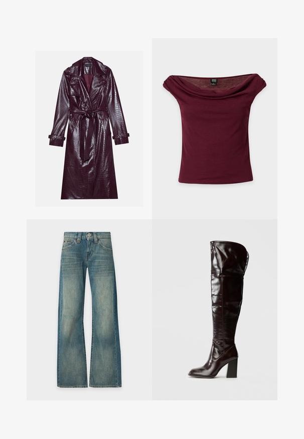 Even&Odd by Zalando Καμπαρντίνα - bordeaux; Μπορντό τοπ off-shoulder με κοντά μανίκια, ντραπαρισμένο ντεκολτέ και ετικέτα της μάρκας BDG σε απλό φόντο.; Τζιν παντελόνι σε μπλε denim με ξεθωριασμένο ύφασμα, ψηλή μέση, φαρδιά μπατζάκια, κουμπί και φερμουάρ μπροστά, με πέντε τσέπες, παρουσιασμένο σε απλό φόντο.; Μπότες μέχρι το γόνατο από γυαλιστερό δέρμα σε μπουρντό χρώμα, με τετράγωνη μύτη και τετράγωνο τακούνι, που διαθέτουν χαλαρό σχέδιο και ελάχιστες ραφές.