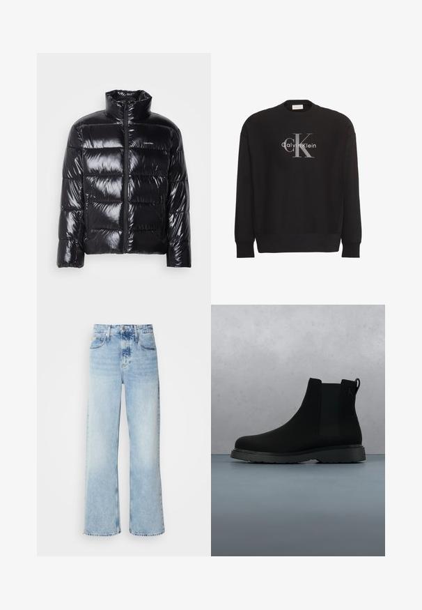 Sort pufferjakke med en blank overflade, som har høj krave, frontlynlås og to sidelommer med lynlås. Kassequiltet design.; Sort sweatshirt med lange ærmer med stor grå tekstlogo "cK" og hvidt tekstlogo "Calvin Klein" centreret på forsiden.; Lysblå vide jeans med høj talje, der har en falmet finish, bæltestropper og klassisk fem-lomme design. Kantene er rå.; Sort ankelstøvle lavet af glat materiale med diskrete syninger, en gummisål og et strømlinet design, placeret over en overflade med træstruktur.