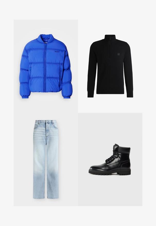 Doudoune bleue avec un col haut, fermeture éclair à l'avant et deux poches latérales. Fabriquée en matériau lisse avec des sections matelassées.; Pull-over noir avec un col haut et une fermeture à demi-zip. Fabriqué en tissu texturé, il présente un petit logo brodé sur la poitrine.; Jeans bleu clair taille haute à jambes droites, avec poches avant, passants de ceinture et fermeture par bouton.; Bottine en cuir noir avec une finition brillante, design à lacets, col rembourré et semelle en caoutchouc robuste avec des grips de traction.