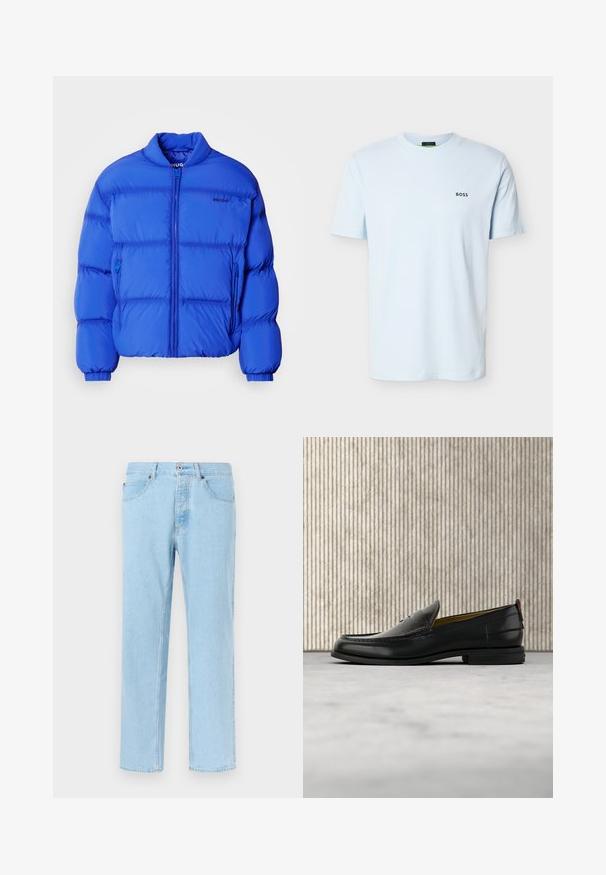 Doudoune bleue avec un col haut, fermeture éclair à l'avant et deux poches latérales. Fabriquée en matériau lisse avec des sections matelassées.; T-shirt bleu clair à manches courtes et col rond avec un petit logo noir "BOSS" sur le côté gauche de la poitrine.; Jean en denim bleu clair à jambes droites avec fermeture avant par bouton et fermeture éclair, poches avant et passants pour ceinture, présenté sur un fond uni.; Mocassin pour homme en cuir noir avec un dessus embossé effet croco et un petit talon, présenté de profil sur un fond neutre.
