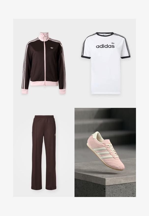 Schwarze und pinke Adidas Trainingsjacke mit durchgehendem Reißverschluss, pinken Streifen an den Ärmeln, pinken Bündchen und Kragen sowie Adidas-Logo auf der Brust.; Weißes Baumwoll-T-Shirt mit schwarzen Akzenten, verfügt über einen Rundhalsausschnitt, kurze Ärmel, drei schwarze Streifen auf den Schultern und das "adidas"-Logo in Schwarz.; Braune Sporthose mit einem elastischen Bund, zwei Seitentaschen und einem kleinen Logo auf der linken Seite, gefertigt aus weichem Stoff.; Hellrosa Adidas-Sneaker mit weißen Streifen und Schnürsenkeln, schwebend über einer Betonbrüstung mit verschwommenen Treppen im Hintergrund.