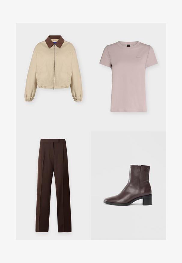 Veste beige à fermeture éclair avec col marron, manches longues élastiques, poches latérales et ourlet légèrement froncé, présentée sur fond uni.; T-shirt en coton mauve clair à manches courtes et col rond avec un petit logo brodé "BOSS" sur la poitrine gauche.; Pantalons droits en chocolat foncé, ajustés, avec une taille et un système de fermeture dissimulé à l'avant sur un fond blanc.; Bottine en cuir marron foncé avec un orteil carré, un talon bloc et un logo embossé subtil près du haut sur fond blanc uni.