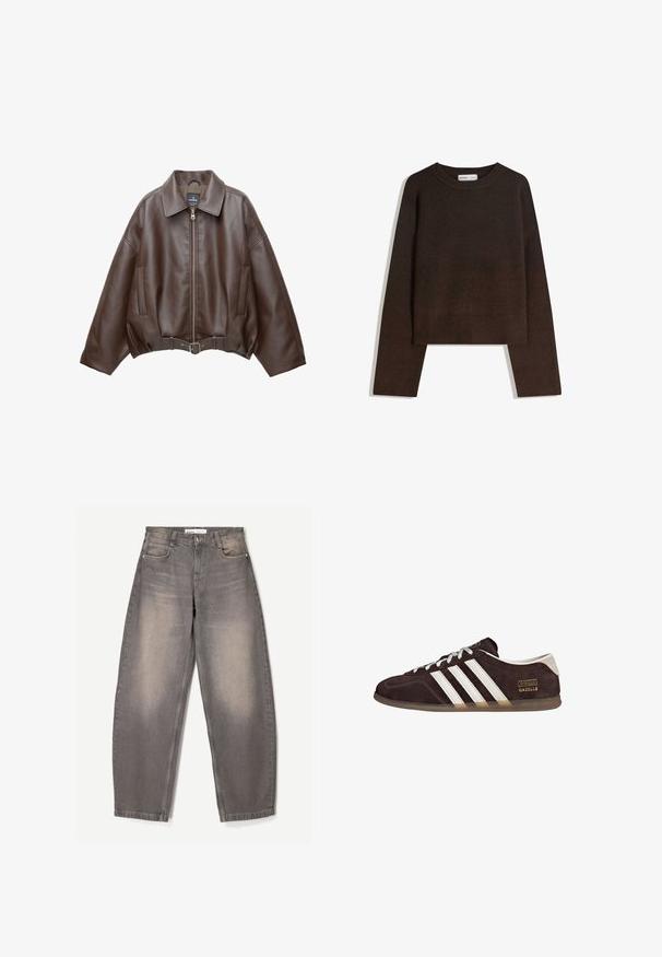 Veste courte en similicuir marron avec un large col, une fermeture éclair frontale, des poches latérales et une taille ceinturée. Texture lisse, coupe décontractée.; Pull en maille marron avec un col arrondi, des épaules tombantes et des poignets et ourlet côtelés. Texture douce, coupe courte. Pas de motifs ni d'ornements visibles.; Jeans gris ample en denim, avec un léger délavage, un design à cinq poches, des passants de ceinture et une fermeture à bouton à la taille.; Baskets en suède marron avec trois bandes blanches, semelle en caoutchouc, et étiquette avec le texte "Gazelle" en or. Fermeture à lacets avec lacets gris.