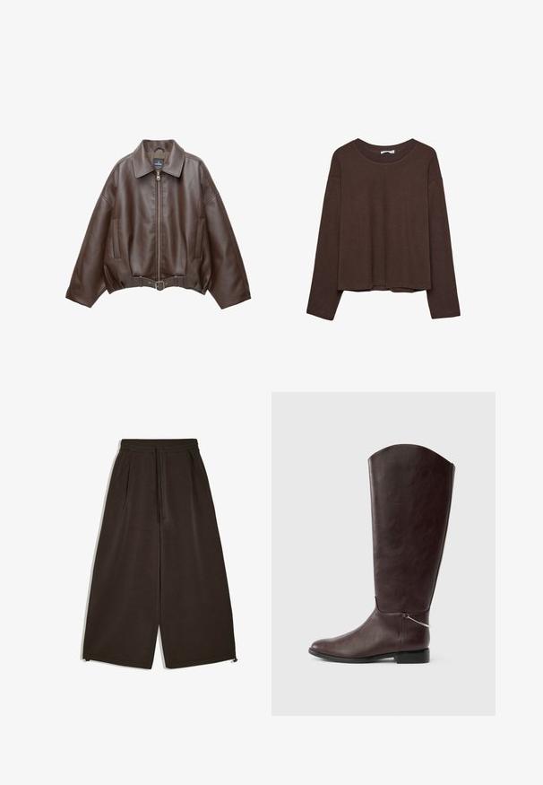 Veste courte en similicuir marron avec un large col, une fermeture éclair frontale, des poches latérales et une taille ceinturée. Texture lisse, coupe décontractée.; Pull marron à coupe décontractée, col côtelé et manches longues. Texture lisse avec un ourlet arrondi et sans motifs ni accents visibles.; Pantalon large marron foncé avec taille élastique, cordon de serrage, poches latérales et longueur raccourcie à la cheville.; Botte en cuir marron foncé montant jusqu'au genou, avec un talon plat et un petit charm argenté décoratif près de la cheville sur fond blanc.