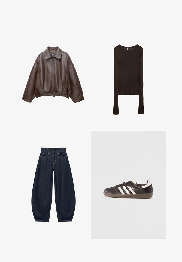 Veste courte en similicuir marron avec un large col, une fermeture éclair frontale, des poches latérales et une taille ceinturée. Texture lisse, coupe décontractée.; Haut ajusté à manches longues en tissu marron foncé. Encolure ronde, texture lisse et manches légèrement allongées sans poignets.; Jean en denim bleu foncé à jambes larges avec poches avant, passants de ceinture et fermeture par bouton à la taille.; Baskets en cuir marron foncé avec un design à trois bandes blanches, une semelle en caoutchouc et l'inscription "Samba" en lettres dorées sur le côté. Forme classique basse.