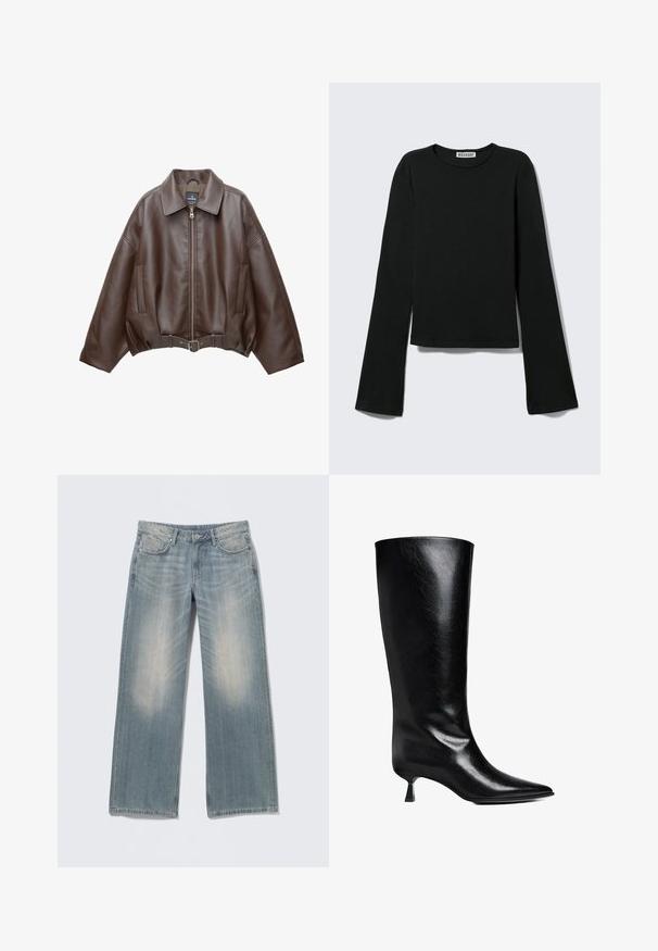 Veste courte en similicuir marron avec un large col, une fermeture éclair frontale, des poches latérales et une taille ceinturée. Texture lisse, coupe décontractée.; T-shirt noir à manches longues avec col rond, silhouette ajustée et manches légèrement évasées, étiqueté avec la marque "Weekday" au niveau de l'encolure.; Jean bleu clair à jambes larges avec une finition délavée, en denim. Comprend des passants pour ceinture, des poches avant et une braguette zippée avec fermeture par bouton.; Boot en cuir noir, montant jusqu'au genou, avec un bout pointu, une silhouette élancée et un talon carré bas, le tout avec une finition brillante.