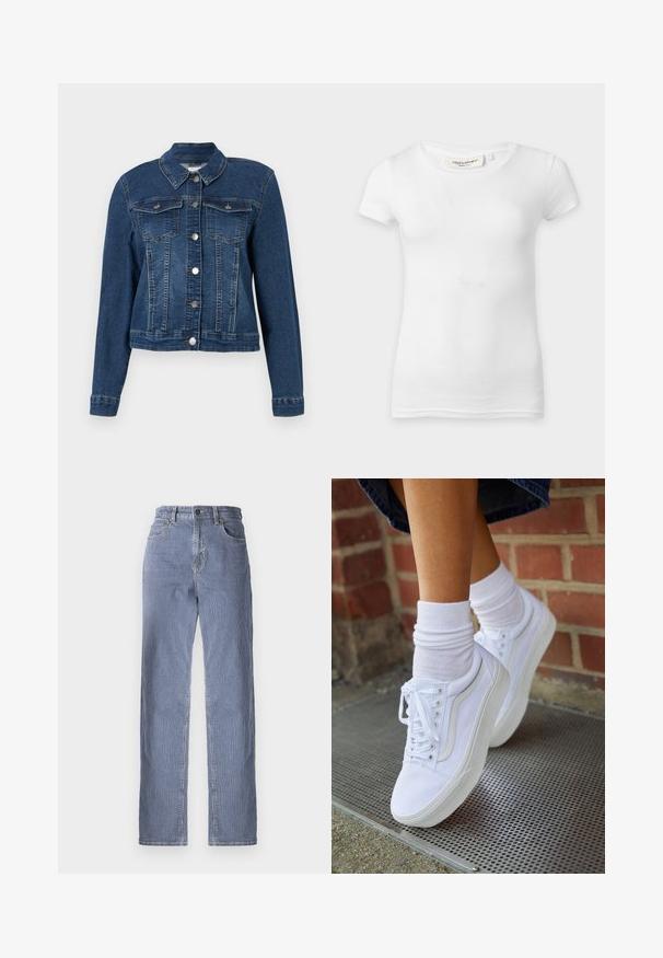 Denimjacke, dunkelblau, taillierte Passform, lange Ärmel, Knopfverschluss, zwei Brusttaschen und ein klassischer Kragen. Gleichmäßig strukturierter Stoff.; Schlichtes weißes kurzärmliges eng anliegendes T-Shirt mit rundem Ausschnitt, auf einer ebenen Fläche präsentiert.; Gestreifte Denim-Jeans mit geradem Bein, ausgestattet mit einem Knopf- und Reißverschluss, fünf Taschen und einem leichten Farbverlauf.; Weiße Leinensneaker mit Gummisohlen, ausgestattet mit sechs Ösen, runder Zehenpartie und dezenten Nähten, kombiniert mit weißen Knöchelsocken.
