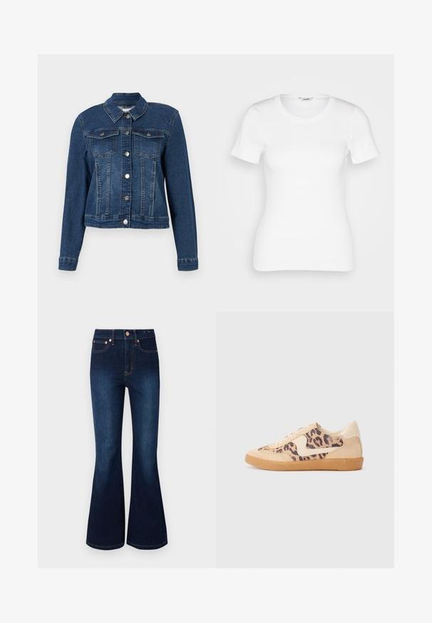 Denimjacke, dunkelblau, taillierte Passform, lange Ärmel, Knopfverschluss, zwei Brusttaschen und ein klassischer Kragen. Gleichmäßig strukturierter Stoff.; Weißes Baumwoll-T-Shirt mit kurzen Ärmeln, rundem Ausschnitt und gerippter Textur. Schmal geschnittenes Design mit einer glatten, sauberen Verarbeitung.; Dunkelblaue Schlagjeans mit hoher Taille, aus Denim gefertigt. Verfügt über kupferfarbene Beschläge und ein klassisches Fünf-Taschen-Design. Glatte Textur.; Löwenmuster-Sneaker mit beige Wildleder-Obermaterial, tanfarbener Gummisohle und weißen Akzenten. Runde Zehenform und Schnürdesign mit strukturiertem Finish.