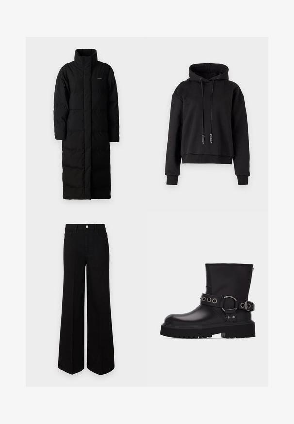 Schwarzer, langer Daunenmantel mit hohem Kragen, genähten Paneelen und gerader Silhouette. Verfügt über einen Reißverschluss vorne und Taschen an den Seiten.; Schwarzer, verkürzter Hoodie aus weichem Material, mit Kapuze und Kordelzug, langen Ärmeln und gerippten Bündchen am Saum und den Ärmeln.; Schwarze weit geschnittene Jeans aus strapazierfähigem Material, mit hoher Taille, Fronttaschen und einem Knopfverschluss vorne. Flacher Saum am Boden.; Schwarzer Lederstiefel bis zur Mitte der Wade mit dicker Profilsohle, dekorativem Riemen mit silbernen Metallösen und Schnalle an der Seite.