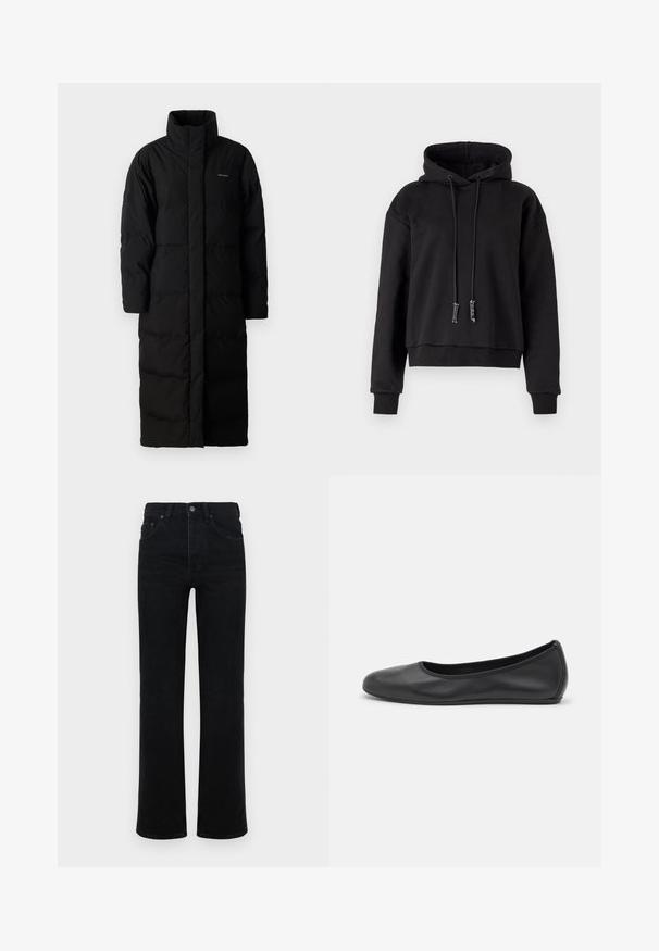 Sort, lang pufferjakke med høj krave, syede paneler og en lige silhuet. Har en frontlynlås og sidelommer.; Sort cropped hoodie lavet af blødt stof, med snoretræk i huen, lange ærmer og ribbede manchetter ved kanten og ærmerne.; Sorte denim jeans med høj talje, lige ben, fem-lomme design og frontknaplukning. Glat tekstur, minimal detaljering.; Sort læderballetsko med rund tå, glat tekstur, minimal syning og et fleksibelt såldesign.