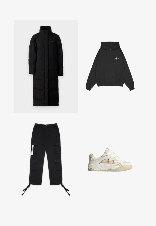 Sort, lang pufferjakke med høj krave, syede paneler og en lige silhuet. Har en frontlynlås og sidelommer.; Pegador Hættetrøje - washed black; Pegador TANAMI WIDE PANTS - Cargobukser - black; Sneaker i cremefarve med tekstureret overdel, meshpaneler og dekorative syninger. Justerbare remme og gummiydersål for greb.
