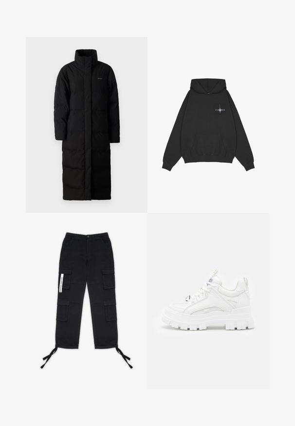 Zwarte, lange pufferjas met een hoge kraag, gestikte panelen en een rechte silhoeet. Heeft een rits aan de voorkant en zijzakken.; Pegador Hoodie - washed black; Pegador TANAMI WIDE PANTS - Cargobroek - black; Witte chunky sneakers met een textuur bovenkant, gevoerde kraag en dikke, gegroefde zool. Voorzien van contrasterende zwarte veters en merkaanduiding.