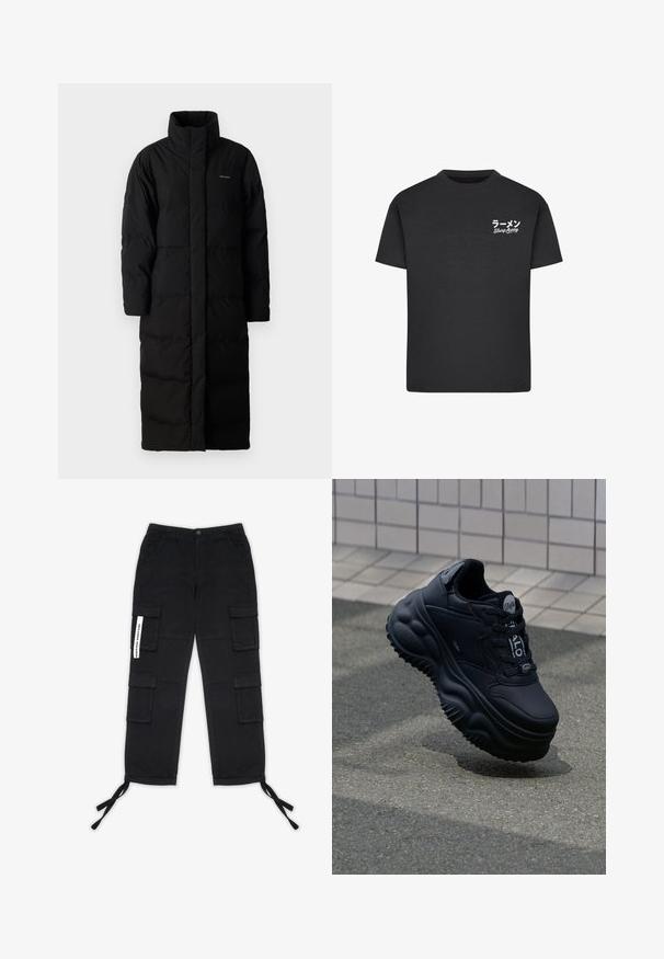 Schwarzer, langer Daunenmantel mit hohem Kragen, genähten Paneelen und gerader Silhouette. Verfügt über einen Reißverschluss vorne und Taschen an den Seiten.; Schwarzes Baumwoll-T-Shirt mit Rundhalsausschnitt. Mit weißem Text, einschließlich japanischer Schriftzeichen und "Slurp Away", auf der linken Brustseite.; Pegador TANAMI WIDE PANTS - Cargohose - black; Schwarze klobige Sneakers mit einem Obermaterial aus glattem Leder, erhöhter Sohle mit wellenförmigen Mustern und Schnürsenkeln für einen sicheren Sitz. Branding auf der Zunge.