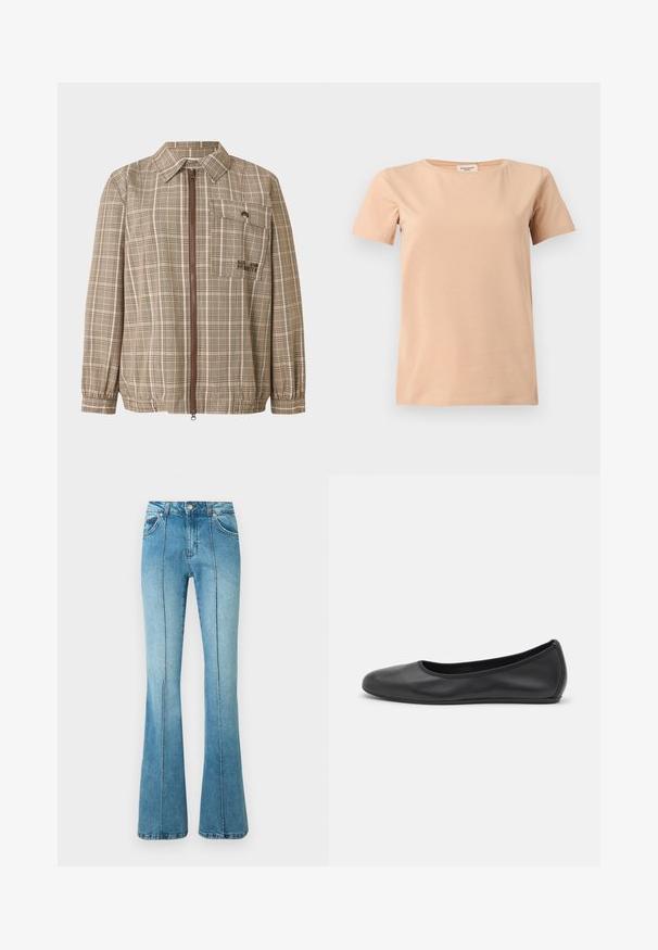 Veste marron à carreaux avec col, fermeture éclair avant et une poche poitrine. Manches avec poignets élastiqués et ourlet ajustable. Tissu léger.; T-shirt beige manches courtes avec col rond et ourlet droit sur un fond uni gris clair.; Jeans en denim bleu clair taille haute avec des détails de couture à l'avant, des poches avant, des passants pour ceinture et des jambes évasées sur fond blanc.; Ballerines en cuir noir avec un bout rond, texture lisse, détails de couture minimalistes et design de semelle flexible.