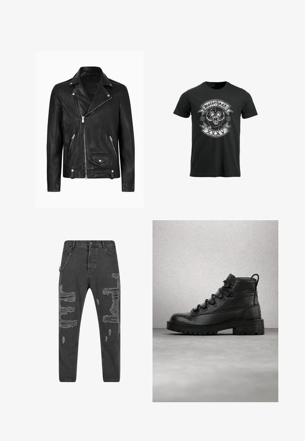 Chaqueta de motocicleta de cuero negra con un cuello clásico, cremallera diagonal en la parte delantera, herrajes plateados y bolsillos laterales con cremallera. Textura suave.; Camiseta de algodón negra con un gráfico de un cráneo con colmillos, la palabra "Motorhead" y elementos decorativos en plata y blanco.; Vaqueros de mezclilla negros con detalles desgastados, que presentan secciones deshilachadas y un acento de cadena de metal en el lateral. Diseño clásico de cinco bolsillos.; Botines de cuero negro con parte superior texturizada, seis ojales y suela resistente. Incluyen una lengüeta en el talón para facilitar su uso.
