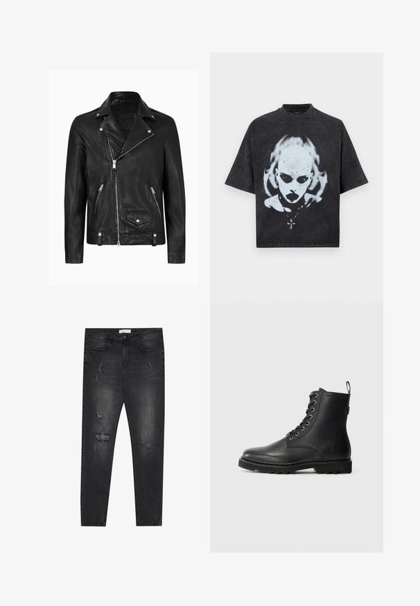 Zwarte leren motorjack met een klassieke kraag, diagonale ritssluiting, zilveren hardware en ritszakken aan de zijkant. Glad textuur.; Zwart oversized T-shirt met een wit grafisch ontwerp van een kale persoon met donkere ogen, lippenstift, piercings en een ketting met een kruisje.; Zwarte denim skinny jeans met versleten plekken, vijf-pocket ontwerp en enkele knoopsluiting. Gelaagde stof met een lichte rek.; Zwarte leren enkellaars met ronde neus, vetersluiting en metalen oogjes. Beschikt over een gestructureerde zool en een trekstrip aan de hiel voor gemakkelijk aan- en uittrekken.