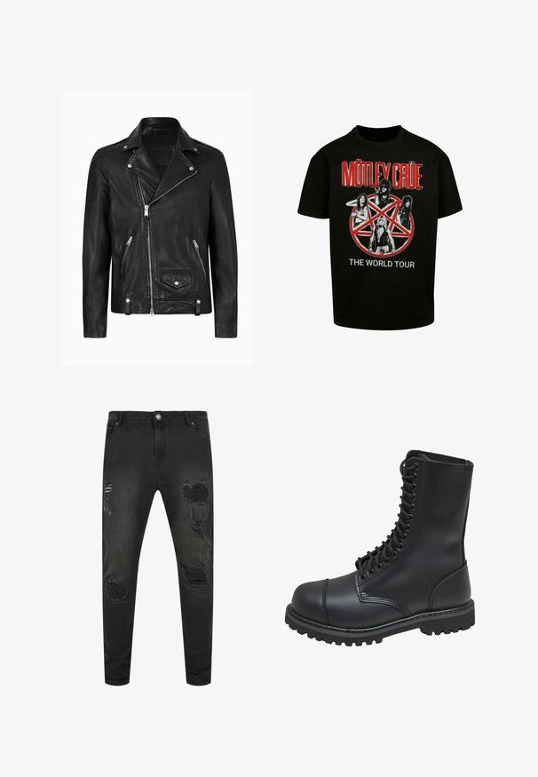 Chaqueta de motocicleta de cuero negra con un cuello clásico, cremallera diagonal en la parte delantera, herrajes plateados y bolsillos laterales con cremallera. Textura suave.; Camiseta negra de algodón con un gráfico central de cuatro figuras y un pentagrama rojo, con el texto "MÖTLEY CRÜE" y "LA GIRA MUNDIAL".; Jeans de mezclilla negra con un ajuste slim, que presentan detalles desgastados, desgarros y áreas desvaídas. Diseño estándar de cinco bolsillos con cierre de botón metálico.; Bota de combate de cuero negro con caña alta, parte frontal con cordones, cuello acolchado y suela texturizada resistente para un buen agarre. Presenta una puntera reforzada.