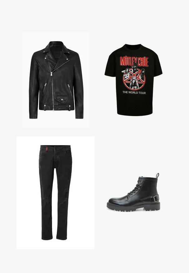 Chaqueta de motocicleta de cuero negra con un cuello clásico, cremallera diagonal en la parte delantera, herrajes plateados y bolsillos laterales con cremallera. Textura suave.; Camiseta negra de algodón con un gráfico central de cuatro figuras y un pentagrama rojo, con el texto "MÖTLEY CRÜE" y "LA GIRA MUNDIAL".; Vaqueros ajustados negros con parches desgastados en los muslos delanteros y las rodillas, con bolsillos delanteros y trabillas para cinturón.; Bota de combate de cuero negro con cordones, ojales de metal, suela resistente, lengüeta en el talón y una correa decorativa con hebilla en el costado.