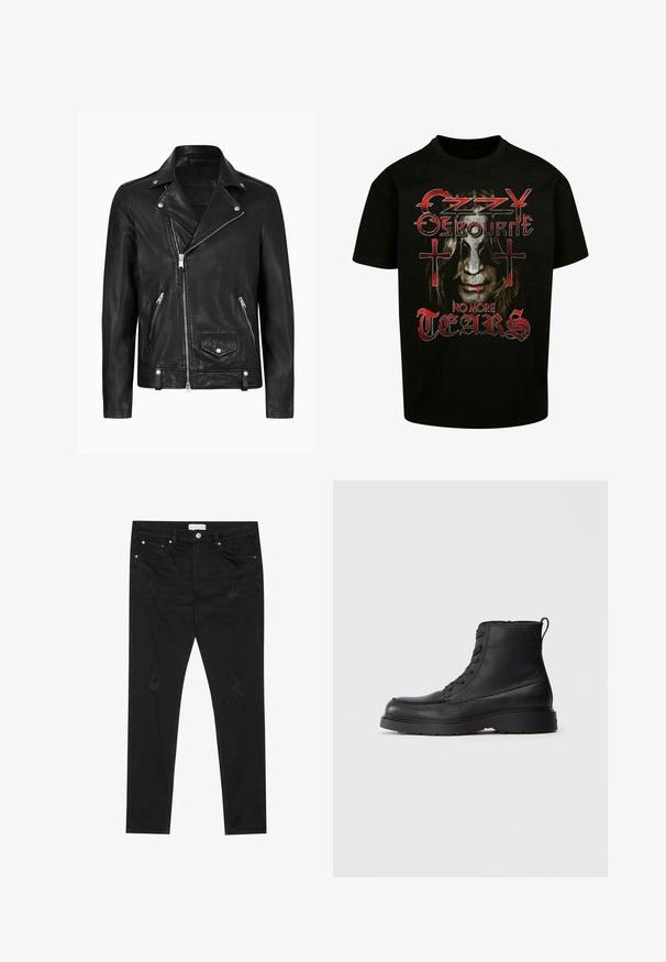 Chaqueta de motocicleta de cuero negra con un cuello clásico, cremallera diagonal en la parte delantera, herrajes plateados y bolsillos laterales con cremallera. Textura suave.; Camiseta negra con un estampado gráfico de una cara con cabello largo, acentos rojos y el texto "Ozzy Osbourne No More Tears" en tipografía en negrita.; Jeans slim fit negros con parches desgastados sutiles, botón de metal, bolsillos delanteros y una etiqueta de Pier One en la cinturilla.; Botín de tobillo negro de cuero texturizado con cordones, suela gruesa y lengüeta en la parte trasera, vista lateral.