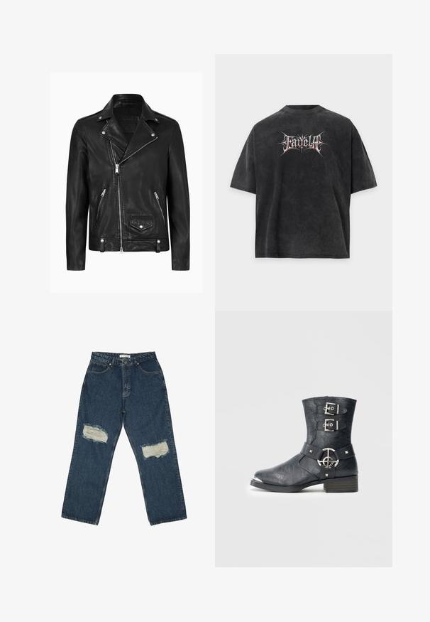 Chaqueta de motocicleta de cuero negra con un cuello clásico, cremallera diagonal en la parte delantera, herrajes plateados y bolsillos laterales con cremallera. Textura suave.; Camiseta negra de gran tamaño con textura desgastada y texto estilizado en blanco y rojo "Fadella" centrado en el frente.; Jeans de mezclilla azul con un corte holgado, que cuentan con dos parches desgastados en las rodillas y un diseño clásico de cinco bolsillos con costuras en contraste.; Botín de cuero negro con puntera redondeada, dos correas con hebillas, detalles de herrajes plateados y tacón bajo apilado. Acabado texturizado.