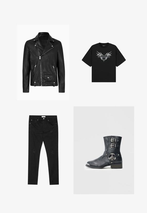 Chaqueta de motocicleta de cuero negra con un cuello clásico, cremallera diagonal en la parte delantera, herrajes plateados y bolsillos laterales con cremallera. Textura suave.; Camiseta negra de manga corta con diseño de corazón tribal puntiagudo blanco y texto estilizado "Favela" en el centro delantero.; Jeans slim fit negros con parches desgastados sutiles, botón de metal, bolsillos delanteros y una etiqueta de Pier One en la cinturilla.; Botín de cuero negro con puntera redondeada, dos correas con hebillas, detalles de herrajes plateados y tacón bajo apilado. Acabado texturizado.