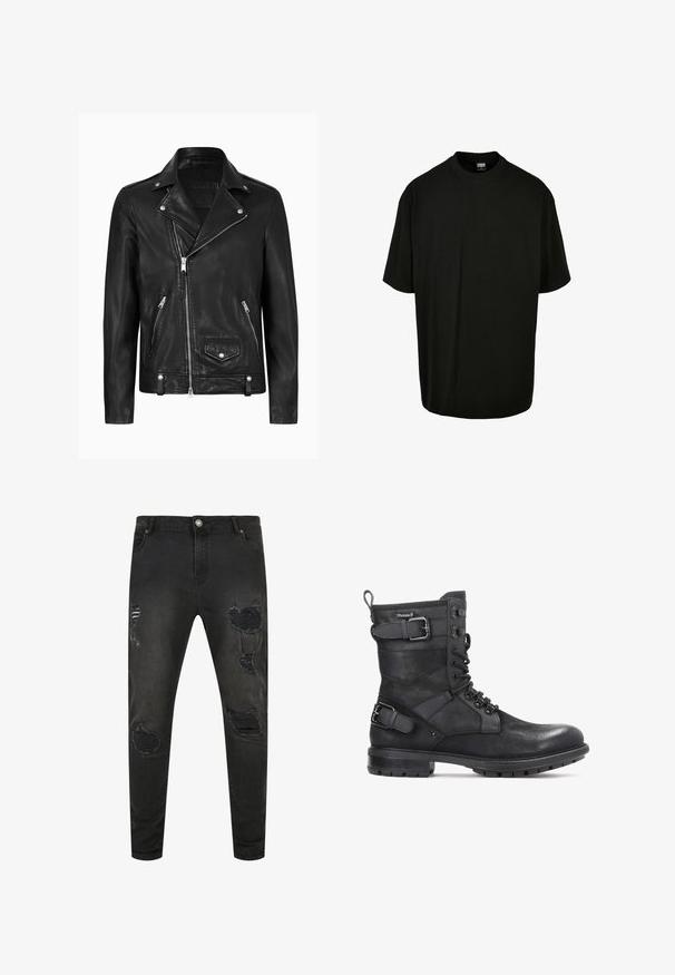 Chaqueta de motocicleta de cuero negra con un cuello clásico, cremallera diagonal en la parte delantera, herrajes plateados y bolsillos laterales con cremallera. Textura suave.; Camiseta de algodón negra con cuello redondo y mangas cortas, de corte holgado. Textura suave, sin patrones ni acentos visibles.; Jeans de mezclilla negra con un ajuste slim, que presentan detalles desgastados, desgarros y áreas desvaídas. Diseño estándar de cinco bolsillos con cierre de botón metálico.; Kazar HEARD - Botines camperos - black