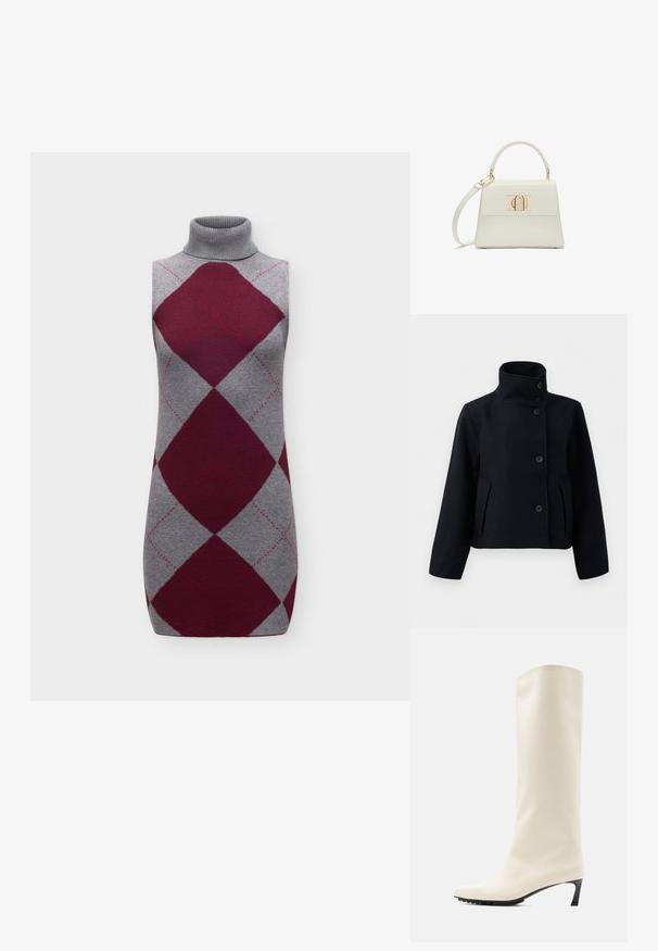 Manteau en laine noir avec un col haut, présentant une fermeture à double bouton, deux poches latérales et une silhouette ajustée.; Robe en maille grise sans manches à col roulé avec de grands losanges bordeaux en motif argyle et des détails de surpiqûres roses subtils.; Botte blanche hauteur genou en matériau lisse avec un bout pointu et un talon noir fin. Présente un design épuré et un marquage minimal.; Petit sac à main blanc avec poignée supérieure, bandoulière amovible et fermoir rectangulaire doré sur la rabat avant.