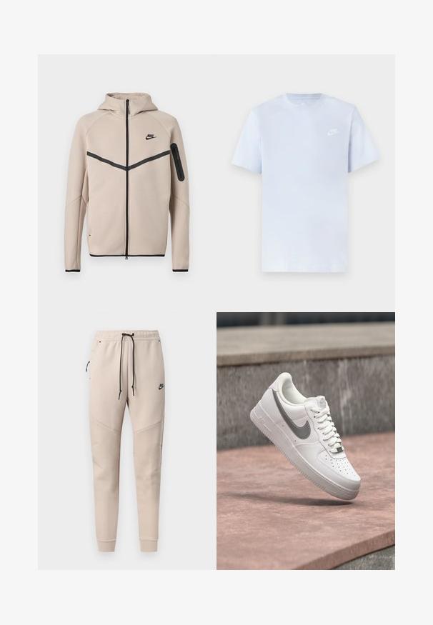 Μπεζ φούτερ μπουφάν Nike με κουκούλα και πλήρες φερμουάρ μπροστά, μαύρη λωρίδα σχήματος έλξης στο στήθος και τσέπη με φερμουάρ στο αριστερό μανίκι.; Ανοιχτό μπλε βαμβακερό μπλουζάκι με κοντά μανίκια, στρογγυλή λαιμόκοψη και λευκό λογότυπο Nike εκτυπωμένο στο αριστερό στήθος. Λείο υλικό, απλός σχεδιασμός.; Μπεζ φόρμες Nike με μαύρο κορδόνι, τσέπη στο πλάι με φερμουάρ, ραμμένα πάνελ στα γόνατα και ελαστικές μανσέτες.; Λευκό sneaker Nike Air Force 1 με γκρι λογότυπο swoosh να αιωρείται πάνω από μια πέτρινη επιφάνεια και φόντο από γκρι πέτρινο τοίχο.