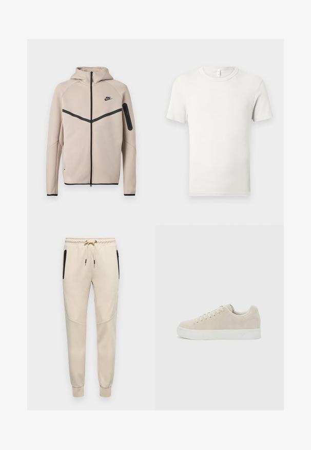 Μπεζ φούτερ μπουφάν Nike με κουκούλα και πλήρες φερμουάρ μπροστά, μαύρη λωρίδα σχήματος έλξης στο στήθος και τσέπη με φερμουάρ στο αριστερό μανίκι.; Λευκό απλό T-shirt με κοντά μανίκια και στρογγυλή λαιμόκοψη, απλωμένο επίπεδα σε ανοιχτό γκρι φόντο, με μια μικρή υφασμάτινη ετικέτα στον γιακά.; Ανοιχτό μπεζ φόρμες με κορδόνι στη μέση, πλαϊνές φερμουάρ και στενές μανσέτες με υφαντές λεπτομέρειες στα πλαϊνά πάνελ.; Μπεζ χαμηλό αθλητικό παπούτσι με κορδόνια στο μπροστινό μέρος και χοντρή λευκή λάστιχη σόλα σε μια απλή ανοιχτό γκρι φόντο.