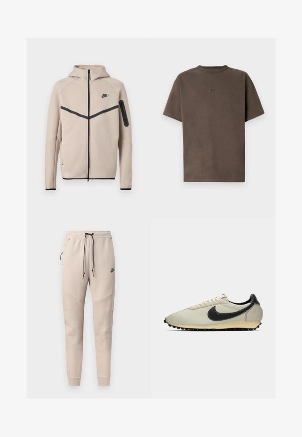 Μπεζ φούτερ μπουφάν Nike με κουκούλα και πλήρες φερμουάρ μπροστά, μαύρη λωρίδα σχήματος έλξης στο στήθος και τσέπη με φερμουάρ στο αριστερό μανίκι.; Καφέ κοντομάνικη μπλούζα Nike με στρογγυλή λαιμόκοψη και μικρό κεντητό λογότυπο στο κέντρο του στήθους, σε λευκό φόντο.; Μπεζ φόρμες Nike με μαύρο κορδόνι, τσέπη στο πλάι με φερμουάρ, ραμμένα πάνελ στα γόνατα και ελαστικές μανσέτες.; Μπεζ καμβαδίνη αθλητικά με μαύρες δερμάτινες λεπτομέρειες, στρογγυλή μύτη, επίπεδη μαύρη σόλα και λευκές κορδόνες. Διαθέτει έντονο μαύρο λογότυπο.