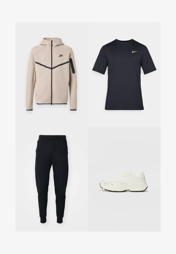 Μπεζ φούτερ μπουφάν Nike με κουκούλα και πλήρες φερμουάρ μπροστά, μαύρη λωρίδα σχήματος έλξης στο στήθος και τσέπη με φερμουάρ στο αριστερό μανίκι.; Μαύρο κοντομάνικο μπλουζάκι Nike από λείο ύφασμα, με λευκό λογότυπο swoosh στην πάνω αριστερή πλευρά, στρογγυλή λαιμόκοψη.; Μαύροι joggers από απαλό ύφασμα, με μέση που ρυθμίζεται με κορδόνι, κωνικά πόδια και πλαϊνές τσέπες με κομψό σχέδιο.; Maison Kitsuné SORA RUNNERS - Αθλητικά παπούτσια - white