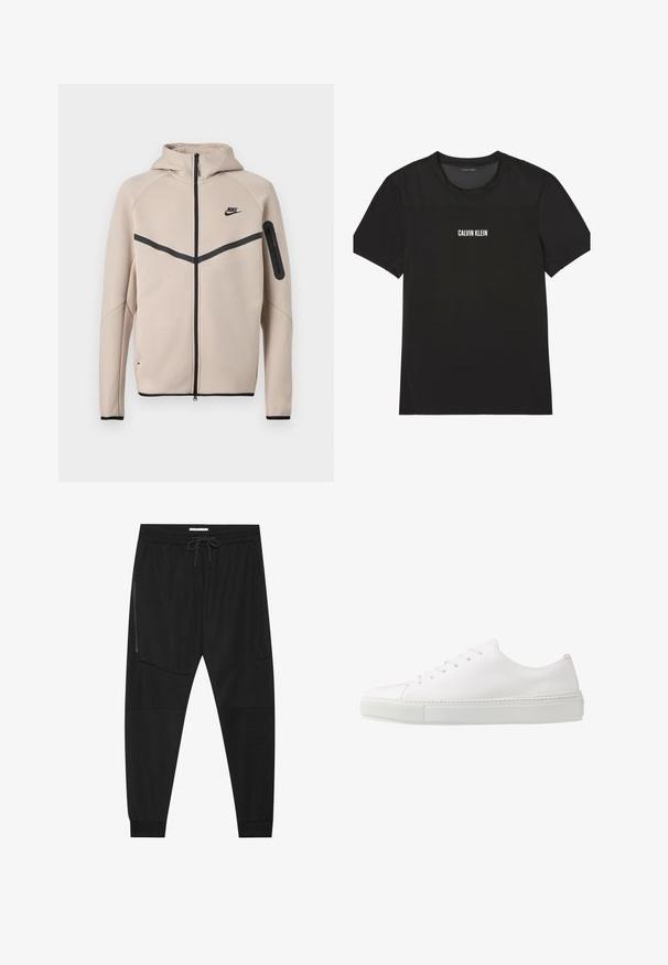 Μπεζ φούτερ μπουφάν Nike με κουκούλα και πλήρες φερμουάρ μπροστά, μαύρη λωρίδα σχήματος έλξης στο στήθος και τσέπη με φερμουάρ στο αριστερό μανίκι.; Μαύρο αθλητικό T-shirt με κοντά μανίκια και διακριτικό διχτυωτό ύφασμα στο πάνω μέρος του στήθους και τους ώμους, με το λογότυπο "Calvin Klein" στο κέντρο της μπροστινής πλευράς.; Μαύρο αθλητικό παντελόνι από υλικό με υφή, με ρυθμιζόμενη μέση, φερμουάρ πλευρική τσέπη και στενό τελείωμα στους αστραγάλους.; Λευκό δερμάτινο sneaker με λεία επιφάνεια, στρογγυλή μύτη και έξι οπές για κορδόνια. Διαθέτει υφασμένη σόλα από καουτσούκ και μινιμαλιστικό σχέδιο.