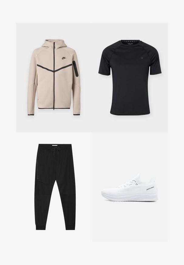 Μπεζ φούτερ μπουφάν Nike με κουκούλα και πλήρες φερμουάρ μπροστά, μαύρη λωρίδα σχήματος έλξης στο στήθος και τσέπη με φερμουάρ στο αριστερό μανίκι.; Μαύρο αθλητικό κοντομάνικο μπλουζάκι με στρογγυλή λαιμόκοψη και μικρό λογότυπο στο αριστερό στήθος, εμφανιζόμενο σε απλό ανοιχτό φόντο.; Μαύρο αθλητικό παντελόνι από υλικό με υφή, με ρυθμιζόμενη μέση, φερμουάρ πλευρική τσέπη και στενό τελείωμα στους αστραγάλους.; Άσπρο ελαφρύ αθλητικό παπούτσι χαμηλού τύπου με υφή στην σόλα, μπροστινό δέσιμο με κορδόνια και λογότυπο "JACK & JONES" στο πλάι του αστραγάλου.