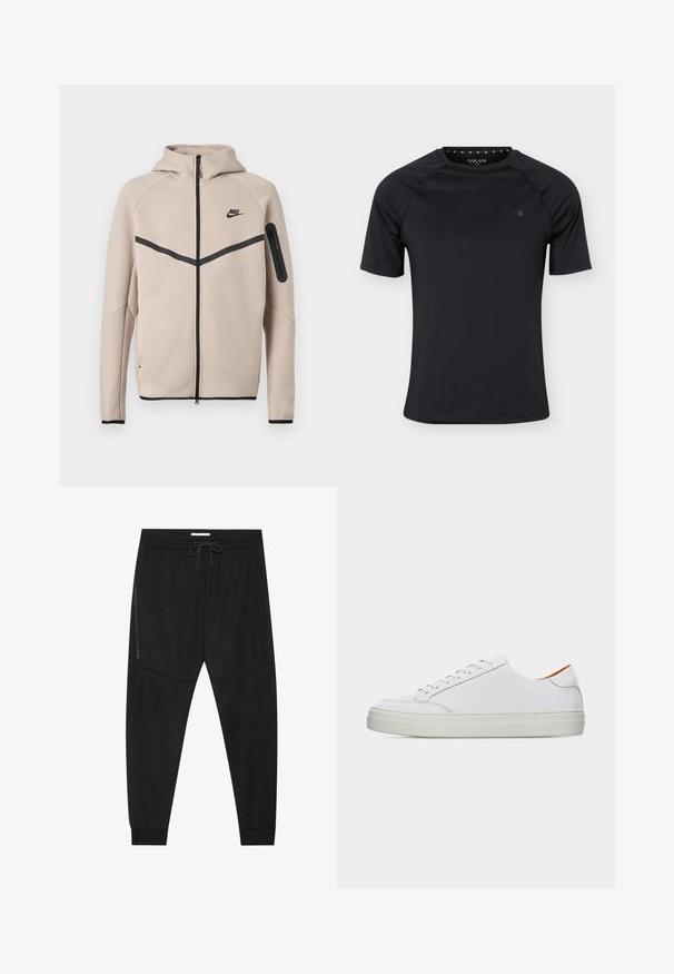 Μπεζ φούτερ μπουφάν Nike με κουκούλα και πλήρες φερμουάρ μπροστά, μαύρη λωρίδα σχήματος έλξης στο στήθος και τσέπη με φερμουάρ στο αριστερό μανίκι.; Μαύρο αθλητικό κοντομάνικο μπλουζάκι με στρογγυλή λαιμόκοψη και μικρό λογότυπο στο αριστερό στήθος, εμφανιζόμενο σε απλό ανοιχτό φόντο.; Μαύρο αθλητικό παντελόνι από υλικό με υφή, με ρυθμιζόμενη μέση, φερμουάρ πλευρική τσέπη και στενό τελείωμα στους αστραγάλους.; Λευκό δερμάτινο χαμηλό αθλητικό παπούτσι με κορδόνια στο μπροστινό μέρος, χοντρή σόλα και ελάχιστη ραφή σε απλό φωτεινό φόντο.