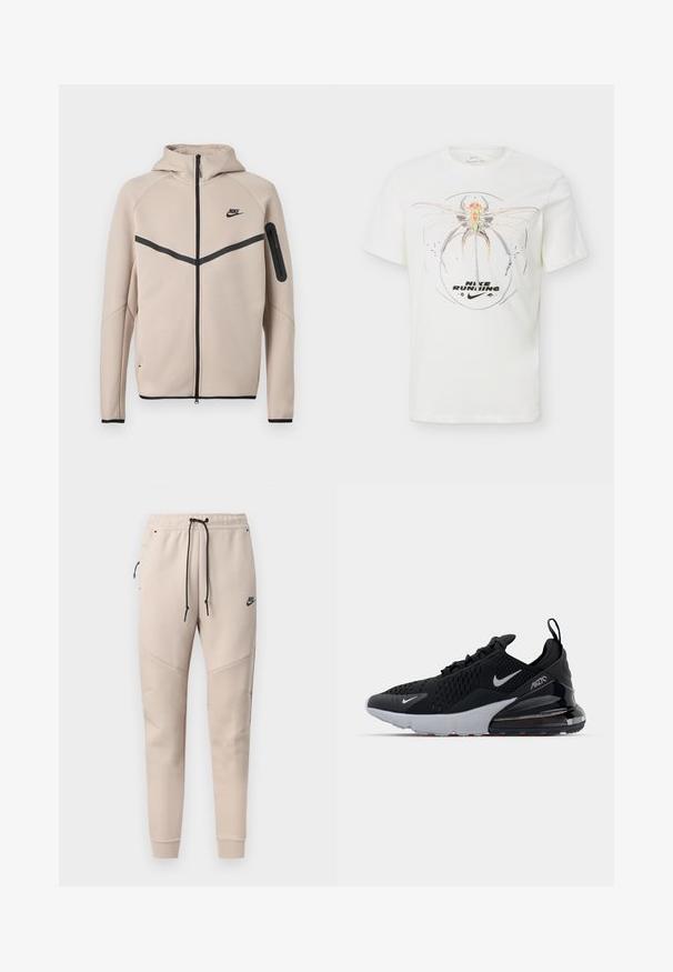 Μπεζ φούτερ μπουφάν Nike με κουκούλα και πλήρες φερμουάρ μπροστά, μαύρη λωρίδα σχήματος έλξης στο στήθος και τσέπη με φερμουάρ στο αριστερό μανίκι.; Λευκό T-shirt Nike με μεγάλο αφηρημένο σχέδιο λιβελούλας και το κείμενο "Nike Running" πάνω από το λογότυπο του Nike swoosh στο εμπρός μέρος.; Μπεζ φόρμες Nike με μαύρο κορδόνι, τσέπη στο πλάι με φερμουάρ, ραμμένα πάνελ στα γόνατα και ελαστικές μανσέτες.; Μαύρο αθλητικό παπούτσι με διχτυωτό πάνω μέρος, λευκή ενδιάμεση σόλα και ορατή αεροθάλαμο στην φτέρνα. Κομψός σχεδιασμός με διακριτικές ασημένιες λεπτομέρειες.