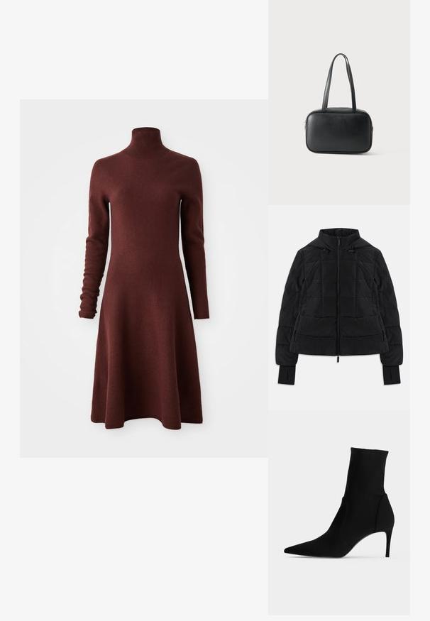 Schwarze gestepptejacke mit Kapuze, Frontreißverschluss, verstellbaren Kordeln und Daumenlöchern an den langen Ärmeln.; Langärmeliges, hochgeschlossenes, burgunderrotes Strickkleid mit einem ausgestellten Rock, auf einem weißen Hintergrund präsentiert.; Schwarzer Ankle-Boot mit spitzer Kappe und schlankem, hohem Absatz, im Profil auf hellem Hintergrund gezeigt. Schlankes, minimalistisches Design.; Schwarze rechteckige Handtasche mit zwei langen Griffen und Reißverschluss auf schlichtem hellem Hintergrund.