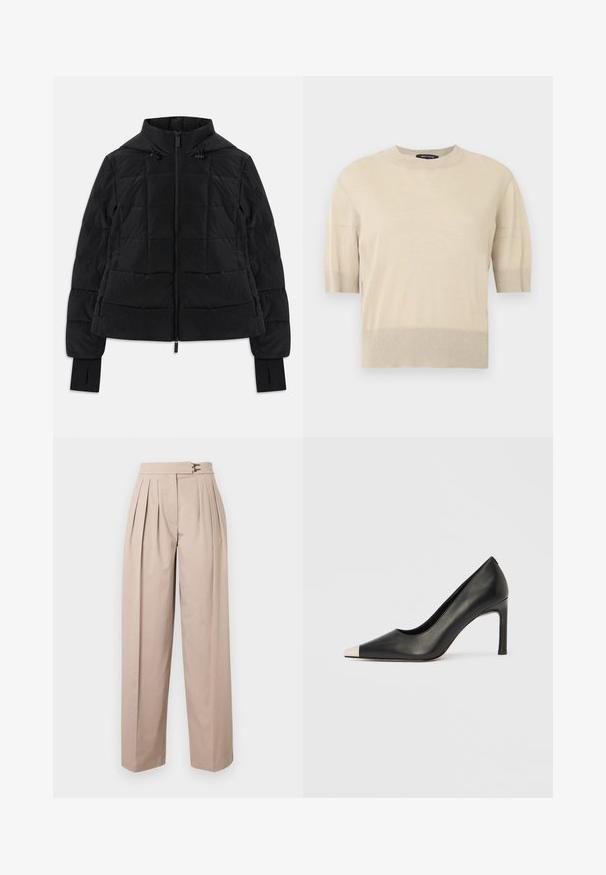 Chaqueta negra acolchada con capucha, cremallera frontal, cordones ajustables y puños con orificio para el pulgar en las mangas largas.; Suéter beige de punto con mangas cortas, cuello redondo acanalado, puños y dobladillo, presentado sobre un fondo blanco.; Pantalones anchos de pierna en beige con pliegues, dos cierres metálicos en la cintura y una textura suave de algodón. No se ven bolsillos.; Zapato de tacón alto de cuero negro con punta en forma de pico y una tapa metálica plateada. Presenta un acabado suave y un tacón delgado de 10 cm.