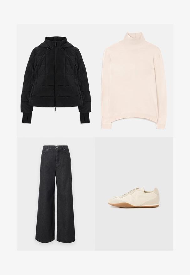 Sort quiltet jakke med hætte, frontlynlås, justerbare snore og tommelhulskanter på lange ærmer.; Lyserød langærmet turtleneck sweater med ribbet krave og kant, med en afslappet pasform og blød, glat tekstur.; Sort, højtsiddende jeans med vide ben, lukning med knap og lynlås, forlommer og bæltestropper.; Lyse beige sneakers med en tekstureret læderoverdel, teksturerede sider og en gummisål. Har et slankt, strømlinet design og flade snørebånd.
