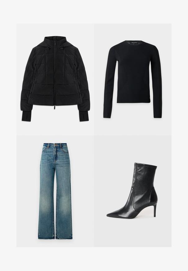 Sort quiltet jakke med hætte, frontlynlås, justerbare snore og tommelhulskanter på lange ærmer.; Sort langærmet crewneck sweater med slim pasform og subtile syningsdetaljer, vist på en ensfarvet lys baggrund.; Lysblå denim vidbenede jeans har en høj talje, fem lommer og let rippede kanter, der viser en tekstureret, falmet finish.; Sorte ankelstøvler lavet af glat læder, med spids tå, tætsiddende skaft og en slank høj hæl. Minimalistisk design uden synligt hardware.