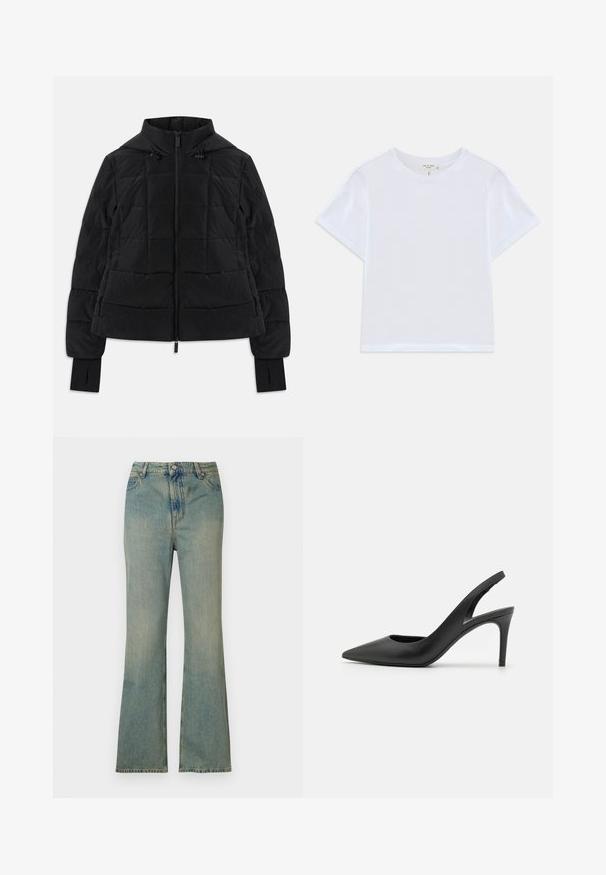 Chaqueta negra acolchada con capucha, cremallera frontal, cordones ajustables y puños con orificio para el pulgar en las mangas largas.; Camiseta blanca corta hecha de algodón suave, con un cuello redondo y mangas cortas, y un corte ligeramente holgado. Sin patrones ni acentos.; Vaqueros de campana de denim azul claro con cintura alta, cinco bolsillos y cremallera. Acabado limpio y deslavado con detalles de costura sutiles.; Zapatos de tacón alto de cuero negro con diseño de punta afilada, que presentan un corte en la parte delantera y un delgado tacón de aguja.