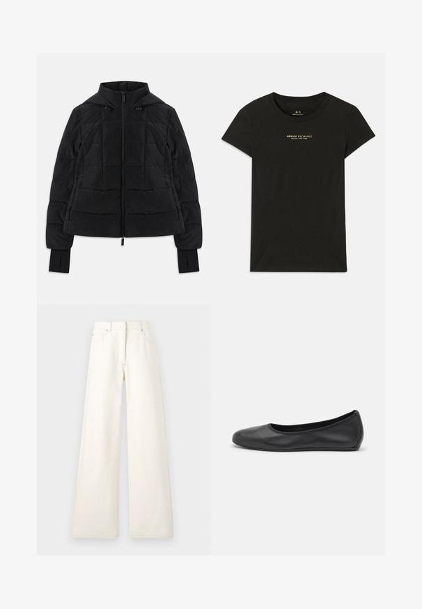 Chaqueta negra acolchada con capucha, cremallera frontal, cordones ajustables y puños con orificio para el pulgar en las mangas largas.; Camiseta de manga corta negra de Armani Exchange con "Armani Exchange Milano / Nueva York" impreso en letras beige pequeñas en el pecho.; Pantalones anchos de color crema hechos de denim con costuras visibles y bolsillos. El diseño presenta una cintura alta y una silueta de corte recto.; Bailarina de piel negra con punta redondeada, textura suave, detalle de costura minimalista y diseño de suela flexible.