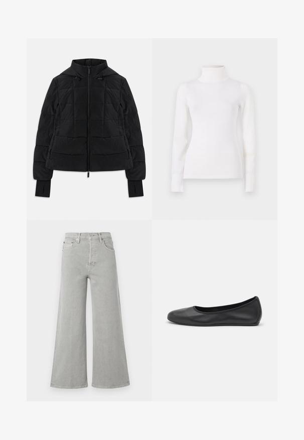 Chaqueta negra acolchada con capucha, cremallera frontal, cordones ajustables y puños con orificio para el pulgar en las mangas largas.; Suéter blanco de cuello vuelto, diseño ajustado, mangas largas, textura suave, tela lisa, detalles mínimos, puños y cuello acanalados.; Jeans de pierna ancha de color gris claro, hechos de mezclilla, con cintura alta, bolsillos frontales y cierre de botón. Textura suave con detalles de diseño mínimos.; Bailarina de piel negra con punta redondeada, textura suave, detalle de costura minimalista y diseño de suela flexible.