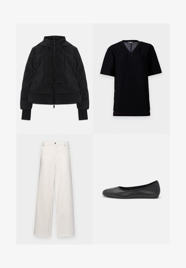Chaqueta negra acolchada con capucha, cremallera frontal, cordones ajustables y puños con orificio para el pulgar en las mangas largas.; Camiseta negra de manga corta con escote en V, que presenta costuras en contraste color naranja y cierres a presión a lo largo de las costuras laterales. Material suave de mezcla de algodón.; Pantalones de pierna ancha en algodón color crema. Presentan un cierre con botón, presillas para cinturón y dos bolsillos delanteros. Textura suave con un diseño minimalista.; Bailarina de piel negra con punta redondeada, textura suave, detalle de costura minimalista y diseño de suela flexible.