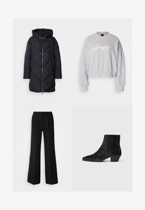 Manteau matelassé noir avec capuche, présentant une fermeture éclair et un motif matelassé angulaire. Le matériau a une texture lisse et brillante.; Sweatshirt court gris en tissu doux, présentant un logo "Boss" brodé en blanc sur le devant et des poignets élastiques aux manches et à l'ourlet.; Pantalons noirs en tissu lisse, avec une taille haute, une coupe évasée et deux plis sur le devant pour un détail de conception supplémentaire.; Bottine noire à bout pointu, en matériau texturé imitant les cheveux, avec un panneau latéral à nervures et un petit talon carré. Un design simple et moderne.
