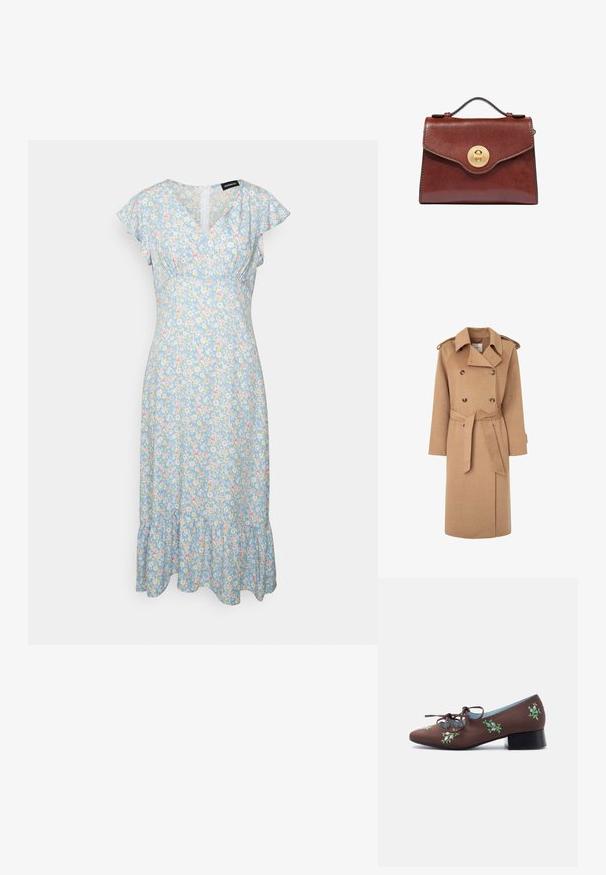 Gabardina de lana beige con botones de doble botonadura, cinturilla ceñida, amplio collar y epaulettes en los hombros. Textura suave y diseño hasta la rodilla.; Even&Odd by Zalando Vestido informal - light blue/pink; Zapato marrón de cuero con tacón bajo, bordado floral y cordones en la parte delantera sobre un fondo blanco.; Bolso de cuero marrón con asa superior y cierre giratorio redondo de oro en la solapa frontal, sobre un fondo blanco.
