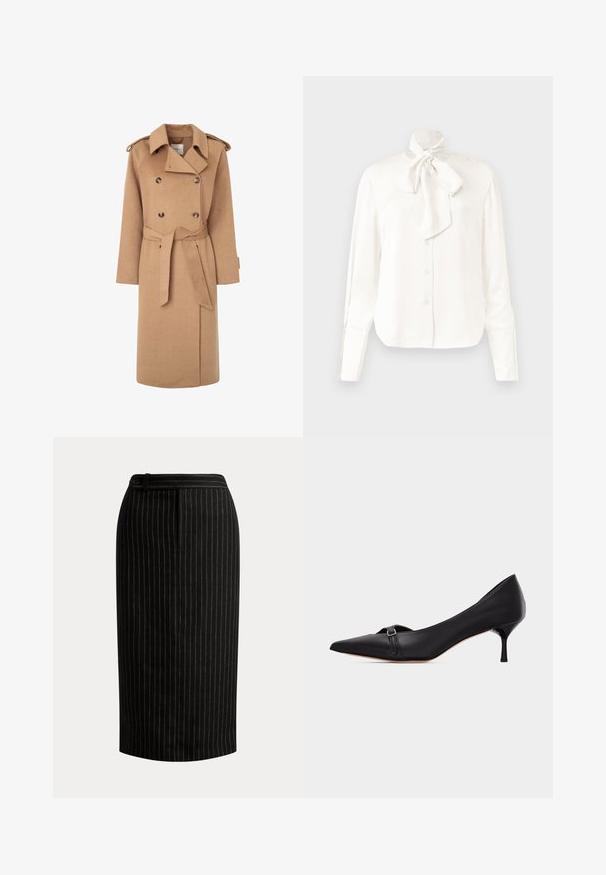 Gabardina de lana beige con botones de doble botonadura, cinturilla ceñida, amplio collar y epaulettes en los hombros. Textura suave y diseño hasta la rodilla.; Blusa blanca de manga larga en una tela ligera con un alto cuello y un gran lazo en el cuello, con cierre delantero de botones.; Falda lápiz negra hasta la rodilla con delgadas rayas verticales blancas y detalle en la cintura con botones.; Zapato de cuero negro con punta afilada y tacón tipo mini de gato, con una pequeña tira con hebilla en la parte delantera, mostrado sobre un fondo blanco liso.